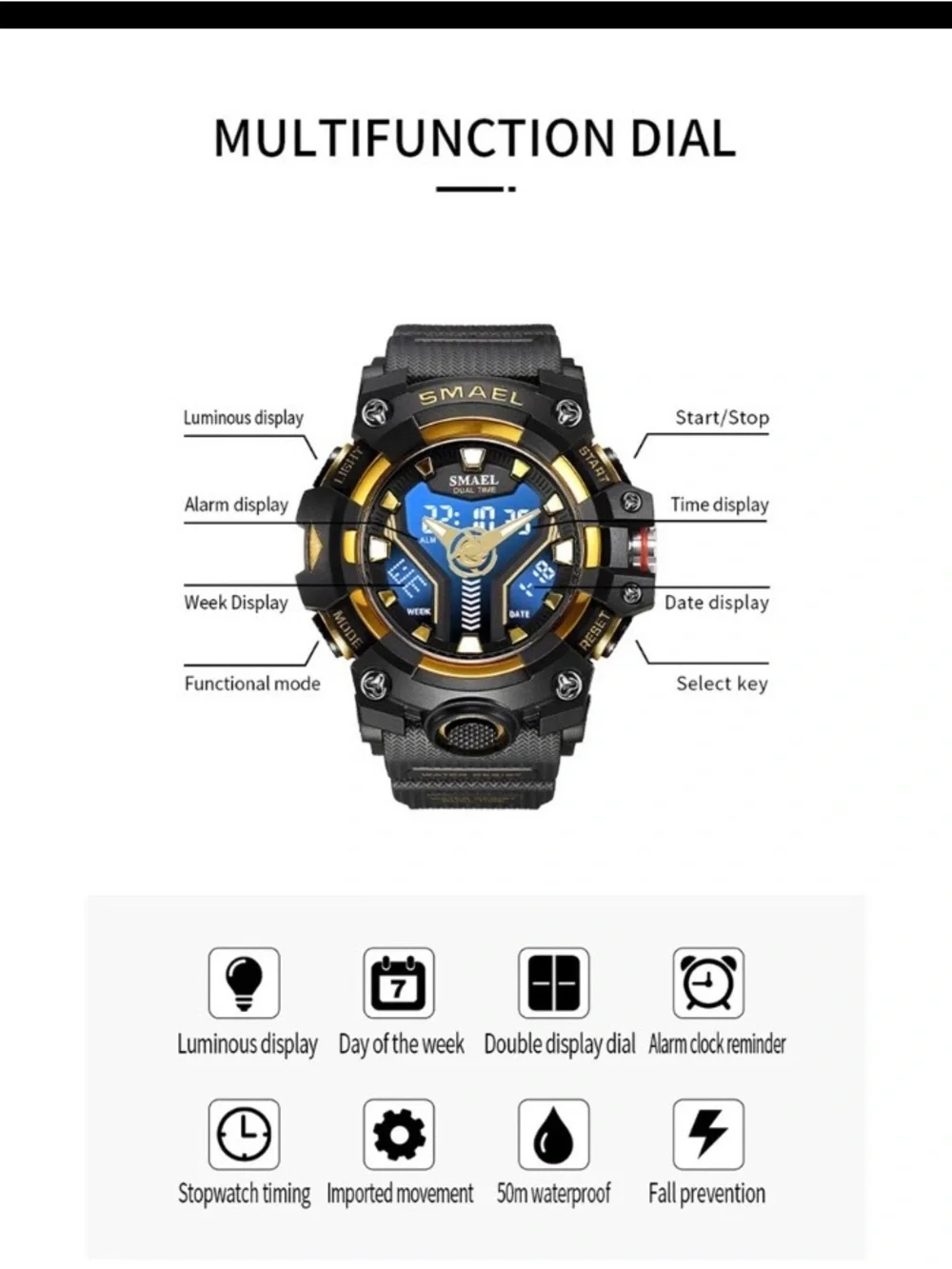 SMAEL Sport Digital-Analog Watch in Navy & Orange
